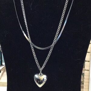 Silver Heart Pendant Double Necklace With Earrings